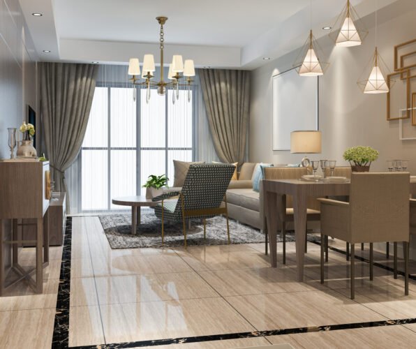 3d rendering loft luxury living room with shelf near dining table