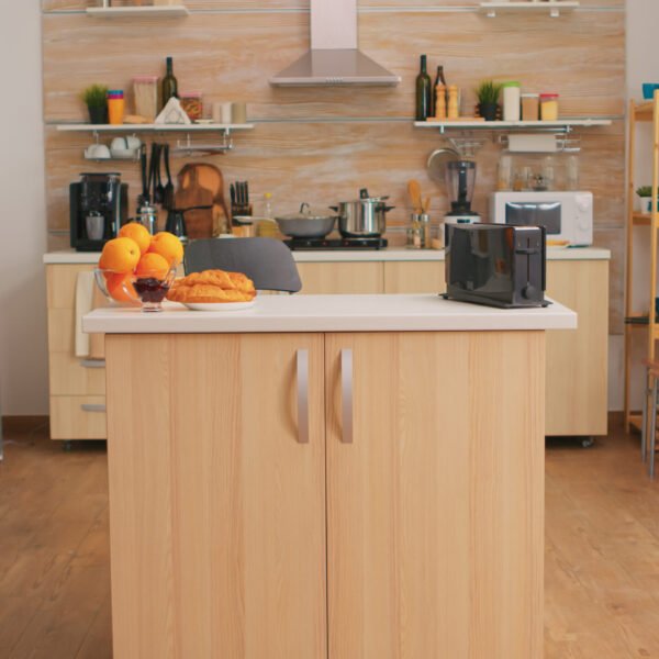 Coffee machine in kitchen with nobody in it. Modern dining room with coffee machine in cozy interior with technology and furniture, decoration and architercture, comfortable room