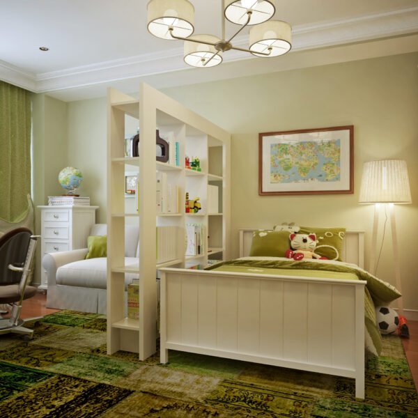 no humans, scenery, chair, lamp, curtains, indoors, computer, television, bedroom, bed, stuffed toy, window